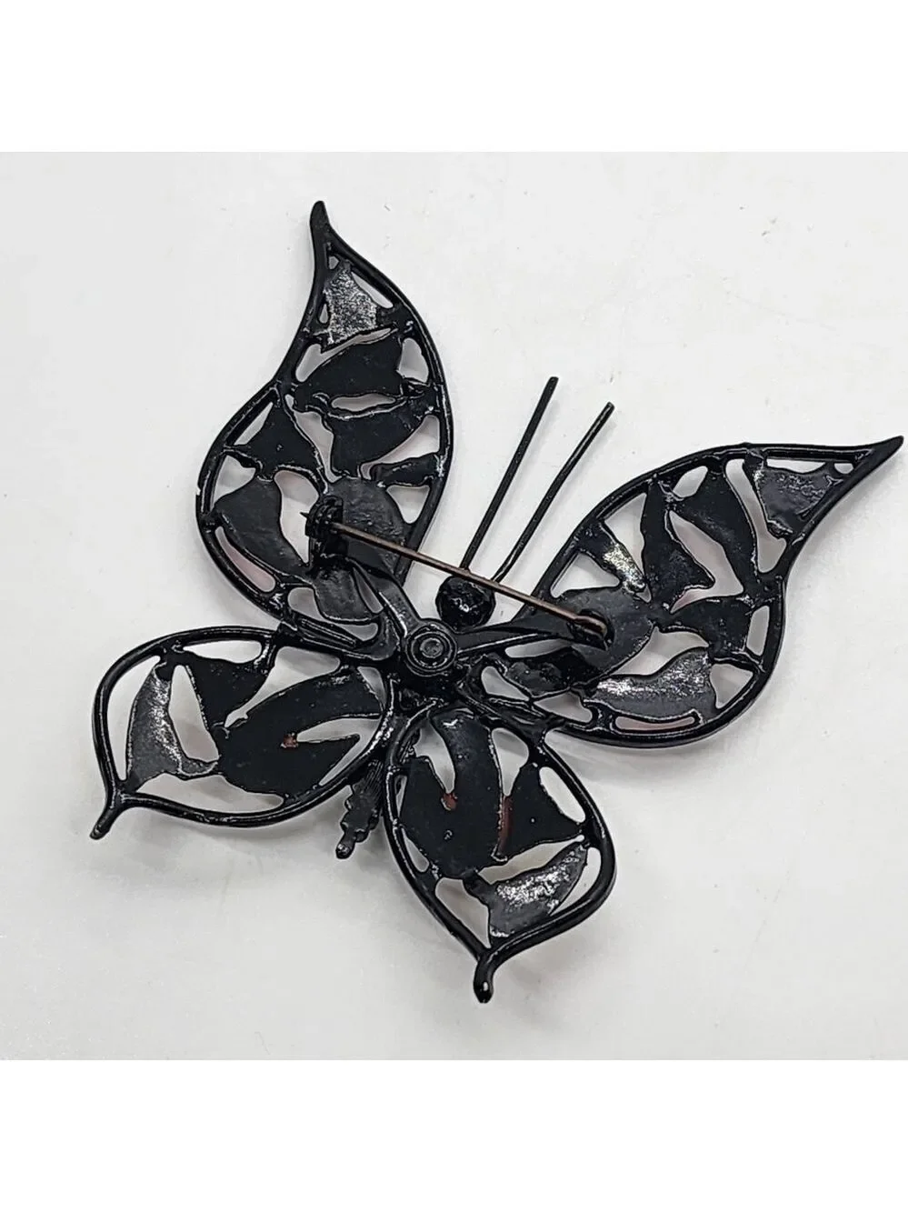 Vintage large black metal enamel Butterfly brooch pin unique